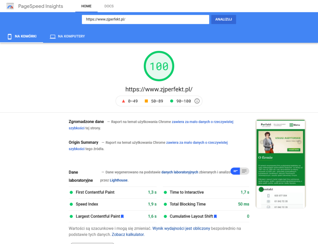 Szybka strona internetowa biura rachunkowego i audytorskiego zjperfekt.pl 100/100 w PageSpeed Insights